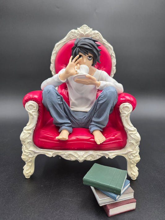 L Lawliet Detective Statue | Death Note Inspired | Gothic Victorian Chair & Book Accessories (TikTok: Master Detective Lounge Statue [SL-DN-L-02] – Shadow Series – 10 PVC Art Sculpture)