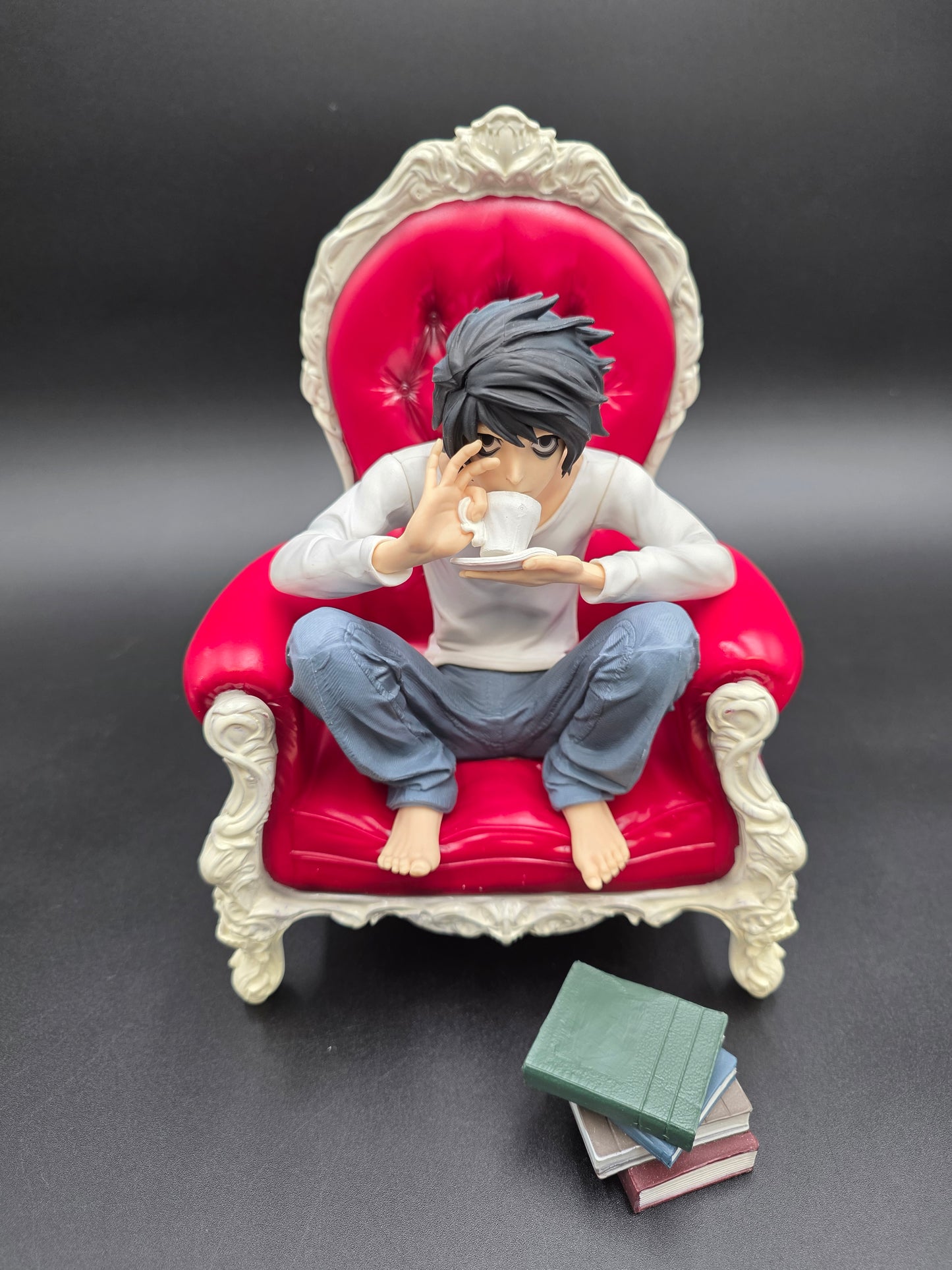 L Lawliet Detective Statue | Death Note Inspired | Gothic Victorian Chair & Book Accessories (TikTok: Master Detective Lounge Statue [SL-DN-L-02] – Shadow Series – 10 PVC Art Sculpture)