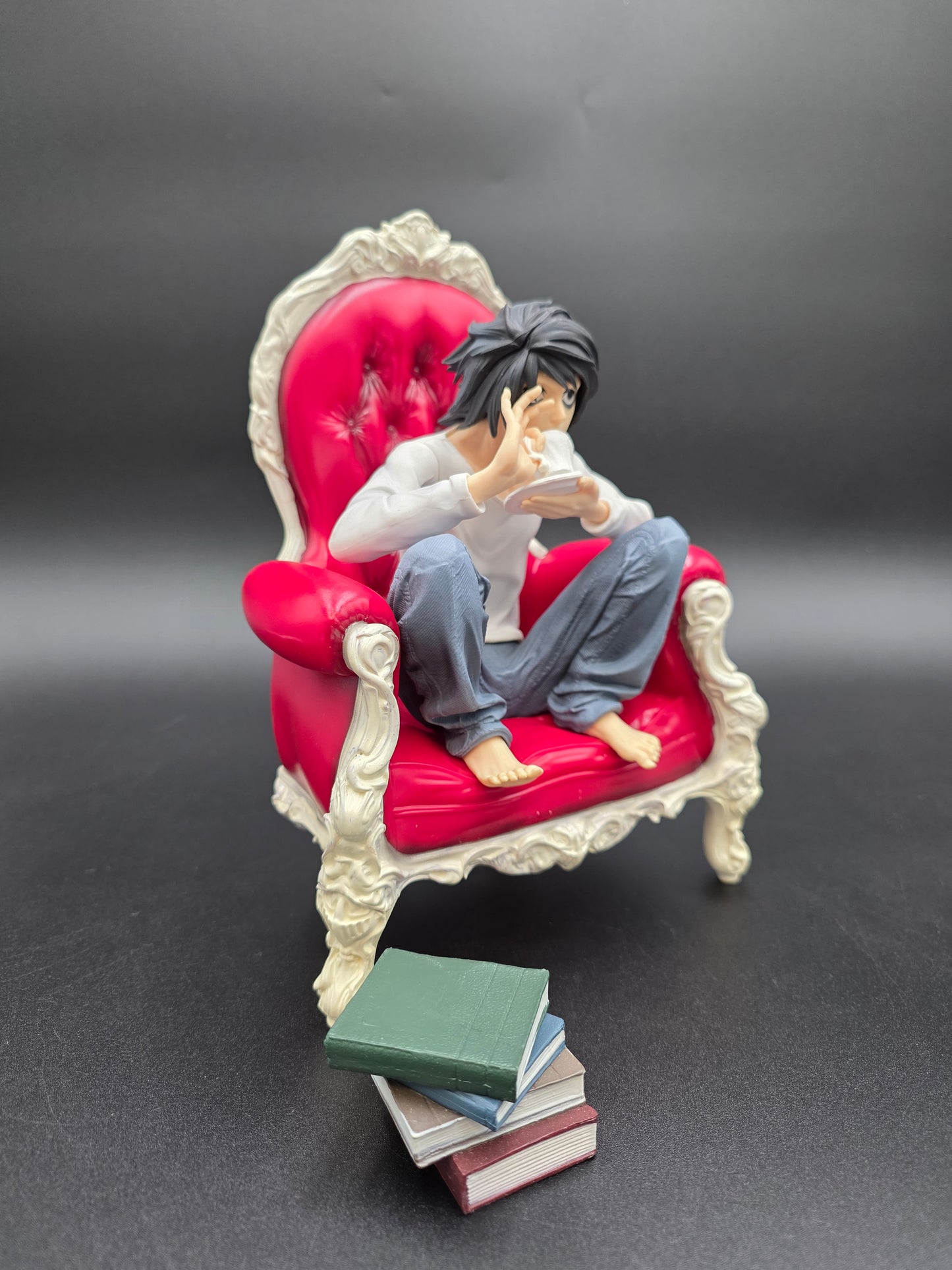 L Lawliet Detective Statue | Death Note Inspired | Gothic Victorian Chair & Book Accessories (TikTok: Master Detective Lounge Statue [SL-DN-L-02] – Shadow Series – 10 PVC Art Sculpture)