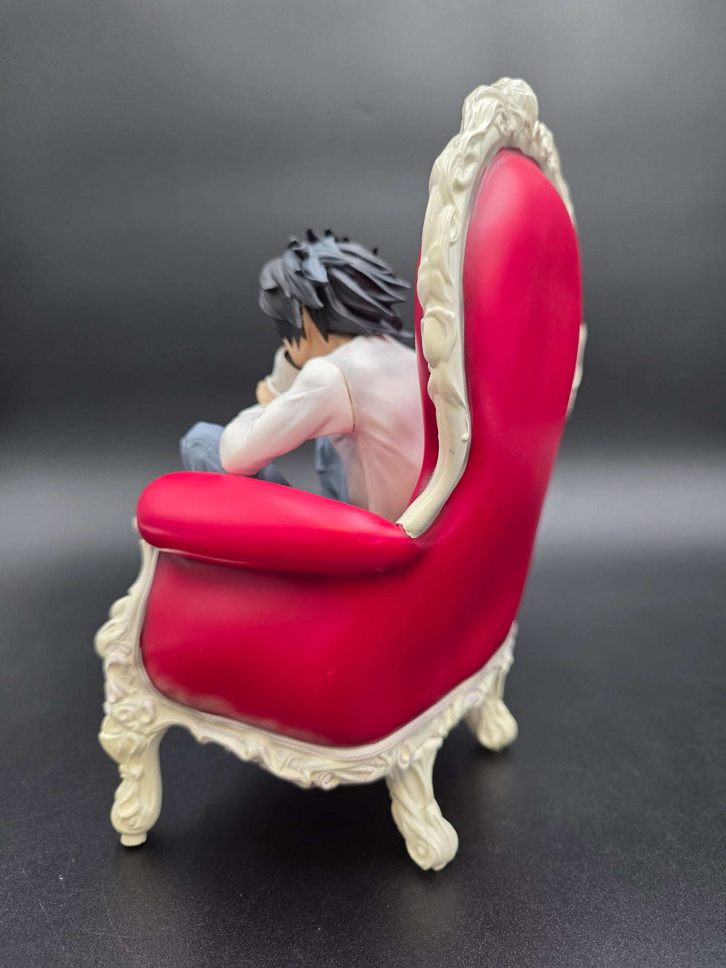 L Lawliet Detective Statue | Death Note Inspired | Gothic Victorian Chair & Book Accessories (TikTok: Master Detective Lounge Statue [SL-DN-L-02] – Shadow Series – 10 PVC Art Sculpture)
