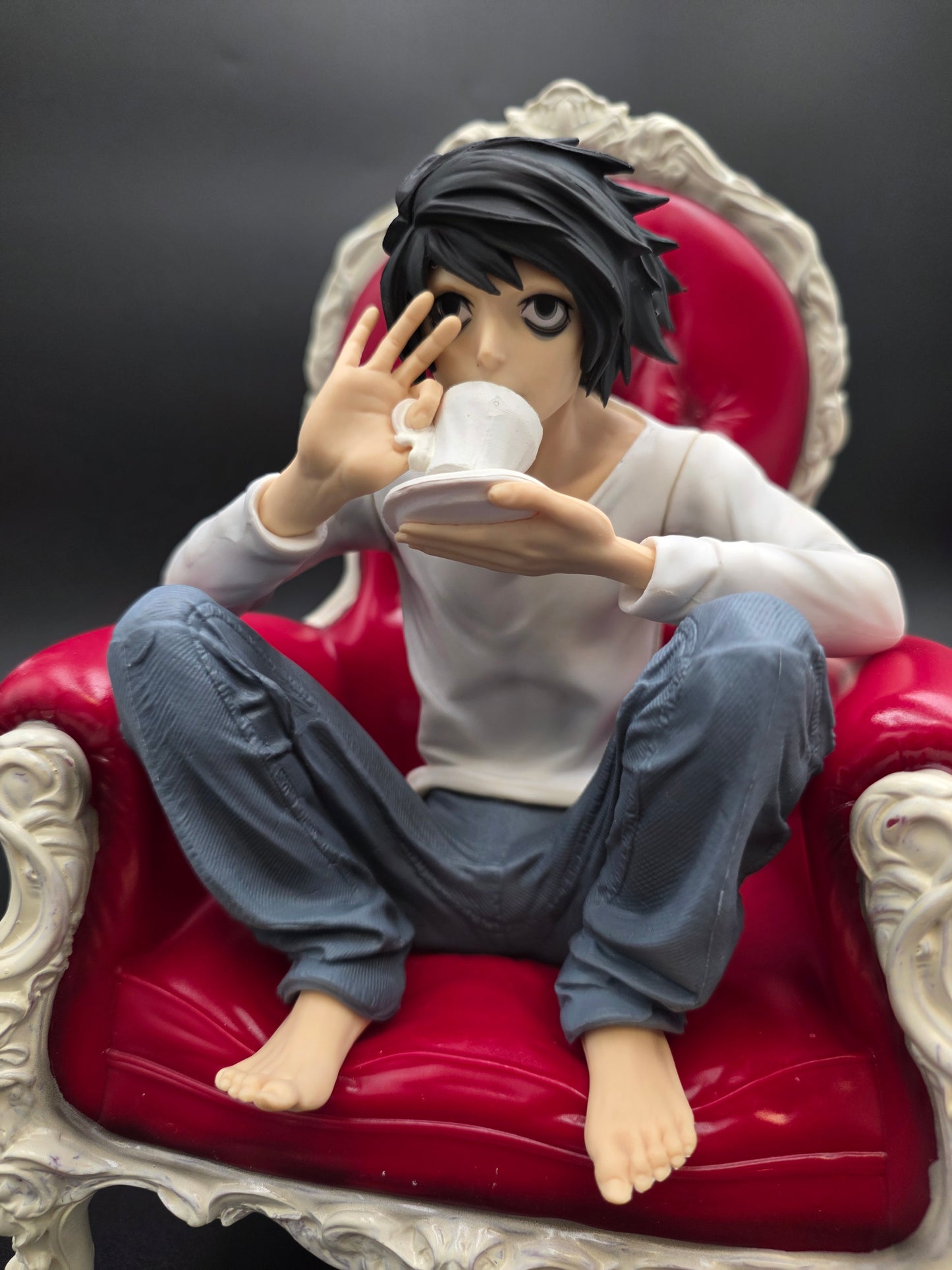L Lawliet Detective Statue | Death Note Inspired | Gothic Victorian Chair & Book Accessories (TikTok: Master Detective Lounge Statue [SL-DN-L-02] – Shadow Series – 10 PVC Art Sculpture)